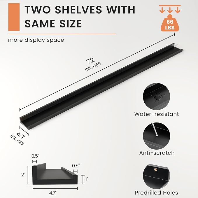 Picture Ledge Shelf, Long Floating Shelves for Wall, 72" W Set of 2, Black | FSC Certified Engineered Wood, Wall Mounted Bookshelf, for Nursery Living Room Bedroom, Easy Install