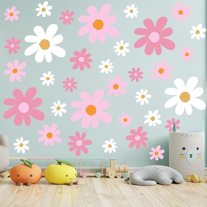 TaoBary 12 Sheet Daisy Wall Sticker Decal,Pink Color,Vibrant Style | Big Flower Wall Sticker, Pink White Floral Decal, Daisy Bedroom Room Decor, Removable Peel and Stick, Nursery Home Wall Decor