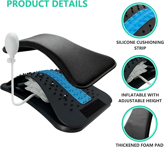 Back Stretcher, Inflatable Lumbar Support for Lower Back Muscle Relief, Stepless Adjustable Height Up to 3.9 Inch with 10mm Detachable Cushion, Acupressure for Yoga Pilates Home Office Muscle Relax