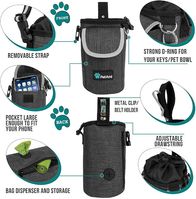 PetAmi Dog Treat Pouch, Large Hands-Free Training Bag, Charcoal