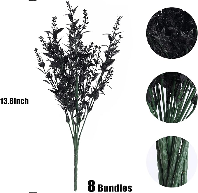 RECUTMS Black Artificial Flowers Outdoor Fake Plants Artificial Faux Flower | 8Pcs, Black Halloween Decor,Fake Outdoor UV Resistant Shrubs No Fade Faux Plastic Plants Garden Porch Window Box Decorating