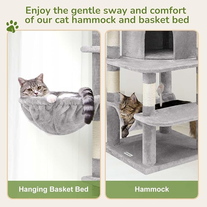 Globlazer Corner Cat Tree Tower with Scratching Post, C51, Light Grey | 51in Space-Saving Multi-Level Cat Condo for Indoor Cats with Hammock, Large Top Perch for Large Cats, Cozy Cat Cave