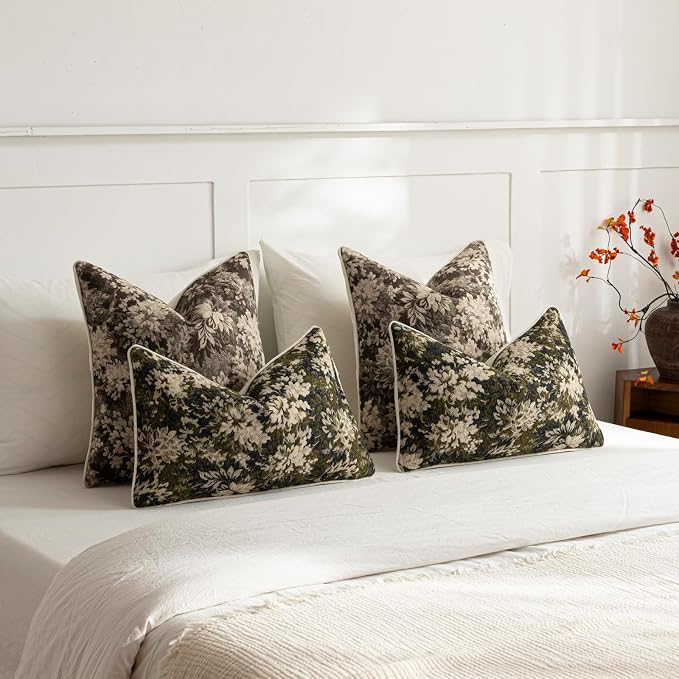Pack of 2 Vintage Floral Throw Pillow Covers 18x18 Boho Farmhouse Accents Chenille Square Decorative Pillow Cases for Living Room Couch Bed Home Decor, Grey