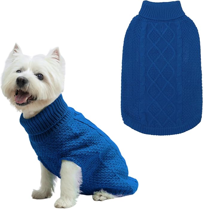 Mihachi Turtleneck Dog Sweater - Winter Coat Apparel Classic Cable Knit Clothes with Leash Hole for Cold Weather, Ideal Gift for Pet in New Year Royal Blue Small/Medium