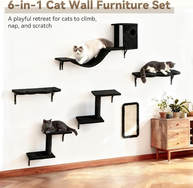 Meecal 6-in-1 Cat Wall Shelves, Wall Mounted Cat Furniture Set with Scratching Posts, Cat Bed & Bridge, Space Saving Cat Climbing Perch for Kittens, Black
