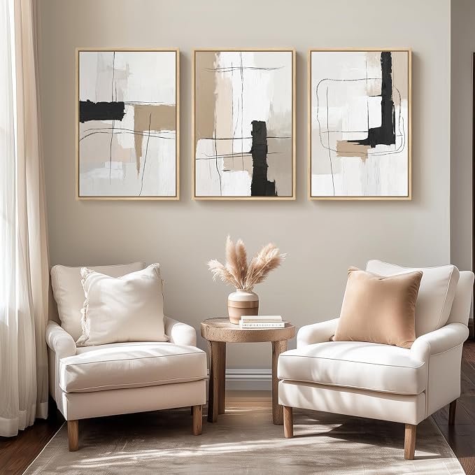 Framed Neutral Abstract Wall Art Set of 3, Modern Black and White Beige Canvas Prints Paintings Artwork for Walls, Minimalist Pictures for Bedroom, Living Room, Dining Room Wall Decor 16x24 In