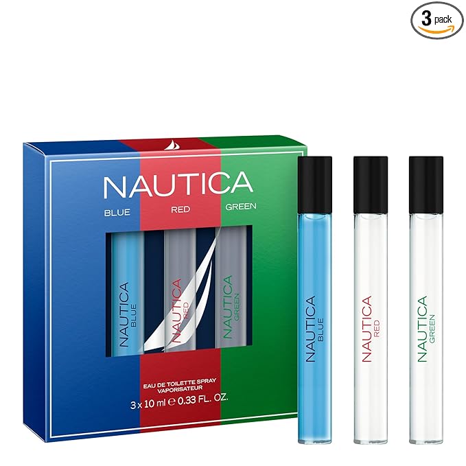 Nautica Giftset, Blue, Red, Green Eau de Toilette 0.33 fl oz Pen Sprays, Notes of Musk, Ginger, Lavender, and Cedarwood, Men's Fragrance, Long Lasting, Everyday Fragrance, Travel Size