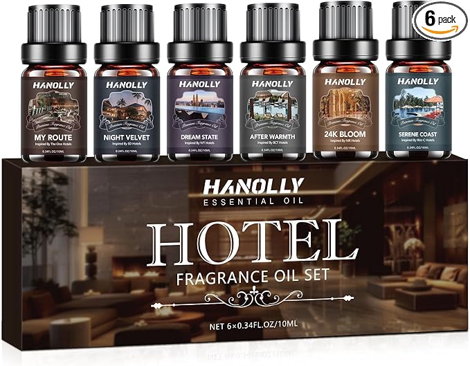 Hotel Diffuser Oils Gift Set - 6x10ML Luxury Hotel Scent Essential Oils Set for Diffuser, Candle Making - My Route, Serene Coast, Night Velvet, 24K Bloom, Dream State, After Warmth Fragrance Oil