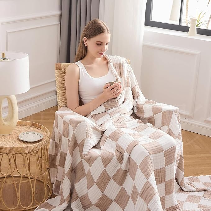 EMME Cooling Muslin Twin XL Blanket - Checkered Lightweight Summer Cotton Blankets of Rayon Derived from Bamboo for Hot Sleepers, Ultra Soft Breathable All Season Gauze