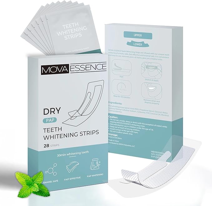 MOVA Essence Teeth Whitening Strips - Dry Pap - 14 Treatments (28 Strips) - Enamel Safe - Fast Effective Brighter White Teeth - 30-Minute Treatment