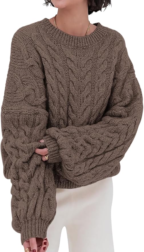 PRETTYGARDEN Womens Sweaters Spring 2026 Cable Knit Long Sleeve Crewneck Oversized Sweater Chunky Pullover Loose Outfits