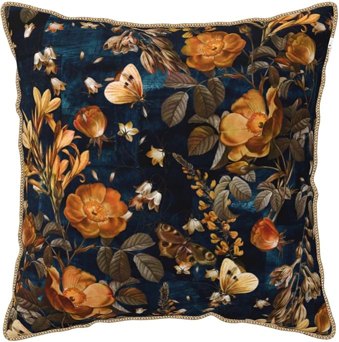Vintage Floral Velvet Pillow Covers 20x20 Inch Blue Brown Leaf Flowers Throw Pillows for Couch Farmhouse Cushion Covers Pillowcase Butterfly Plant Leaves Pillow Cases for Sofa Bed Outdoor Decor