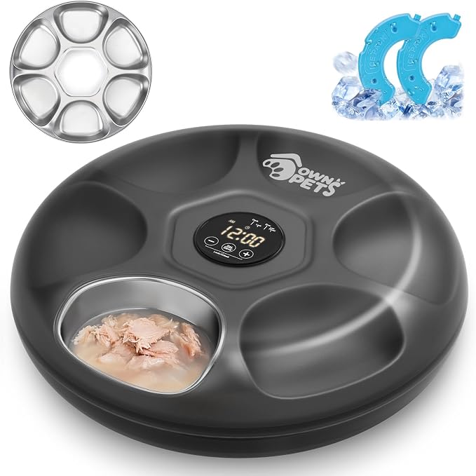 Ownpets 6 Meals Automatic Cat Feeder for Wet/Dry Food, with 2 Ice Packs, Programmable Timed Pet Feeder, Cordless Rechargeable Battery Auto Feeder for Cats/Small Dogs (Black)