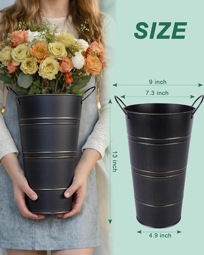 12 Inch Galvanized Metal Vase, 6 Pack Tall Flower Buckets with Handles | Galvanized metal flower buckets with handles, rustic tall vase design for dried flowers, weddings, farmhouse and home decor.