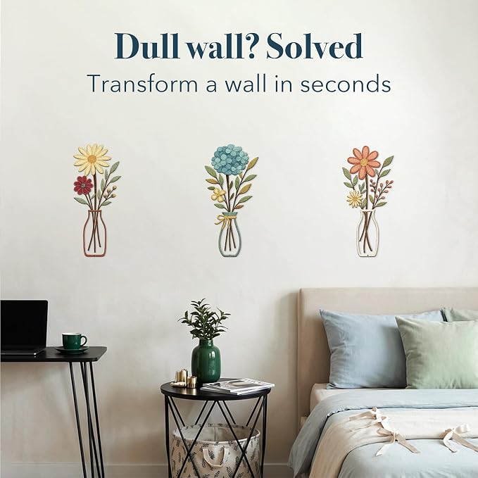 3 Piece Metal Flower Wall Art for Bedroom Living Room Rustic Farmhouse Floral Wall Decor for Bathroom Dining Room Boho Home Decorations Modern Minimalism Walls Hanging Sculptures(Yellow Blue)