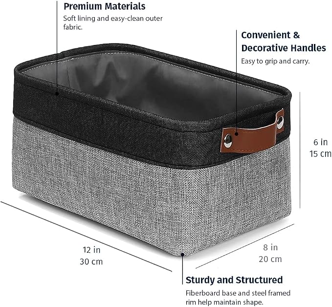 OrganiHaus 12x8in Canvas Storage Baskets, 6 Pack - Fabric Bins for Shelves | Vegan leather handles; a decorative pantry and office organizer, container for desk and books