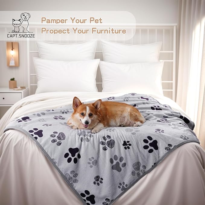 Washable Waterproof Dog Blankets for Large Dogs 60"x80" | Soft Fluffy Pet Blanket for Couch Sofa Car Crate Bed Protector, Reversible Sherpa Fleece Dog Blanket, Light Grey-Paws