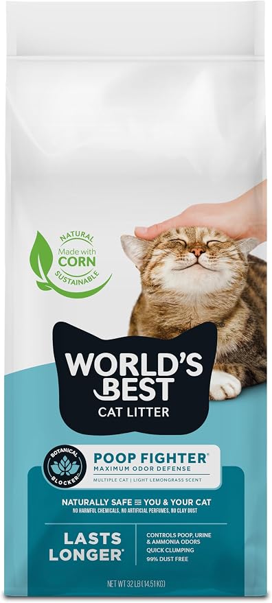 World's Best Cat Litter, Poop Fighter, Urine & Poop Odor Defense, 32 lb Bag | Neutralizes urine and poop odor with plant-based blockers; natural corn litter, quick clumping, flushable, 99% dust free