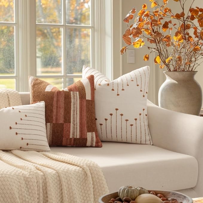 Boho Outdoor Fall Throw Pillow Covers 18x18 Set of 2 Neutral Woven Decorative Pillowcases Cotton Tufted Couch Pillows Modern Farmhouse Cushion Covers for Sofa Couch Bed Living Room Home Decor, Brown