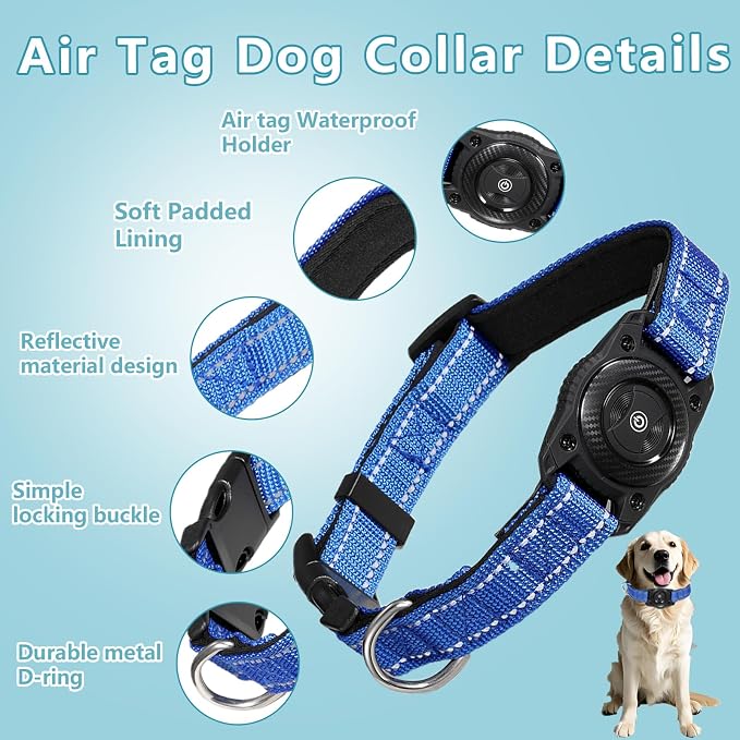1Pc Air Tags Dog Collar Tracker, Waterproof Pet Collar Location Tracker with Air-Tag Chip for Apple Find My (iOS only) (Blue, M)