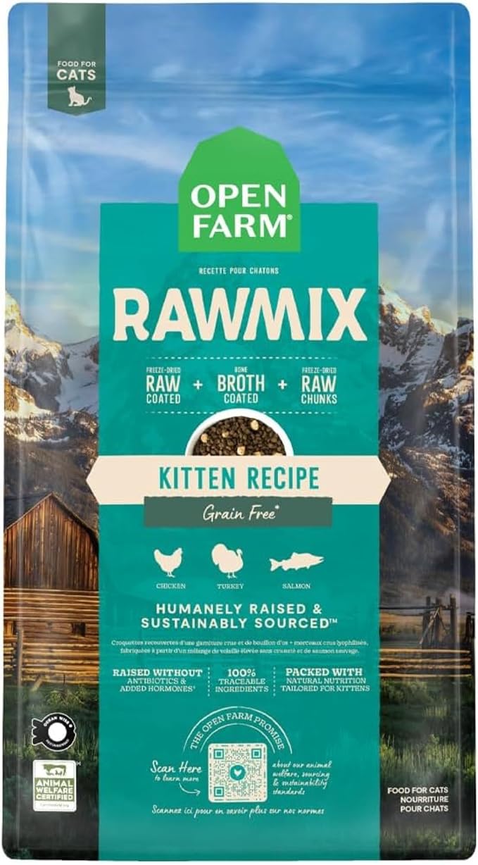 Open Farm RawMix Dry Cat Food, Grain Free Kibble for Kittens, 2.25lb Bag | Humanely-Raised Chicken & Turkey, Wild-Caught Salmon, Freeze Dried Raw Chunks, Traceable Ingredients, Non-GMO Produce.