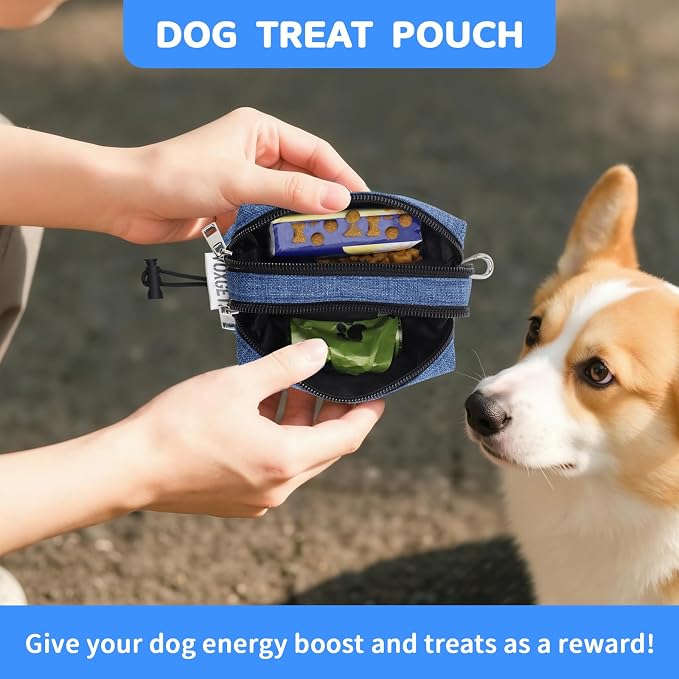 Dog Poop Bag Holder with Treat Pouch, 2 Zipper Pockets & Leash Clip