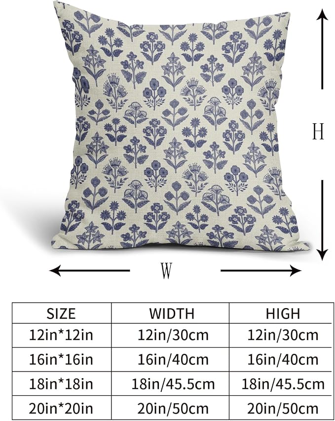 Navy Blue Floral Pillow Covers 18x18 Inch Set of 2, Vintage Flower Block Print Pattern Decorative Throw Pillowcases Outdoor Farmhouse Cushion Covers Spring Summer Rustic Sofa Couch Bed Decor