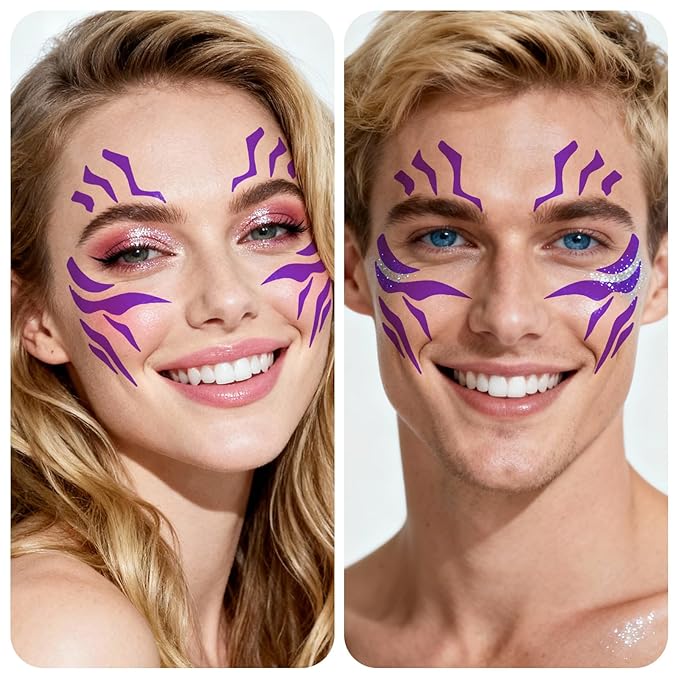 Temporary Tattoos For Men and Women - 12 Sheets Full Body Tattoos Stickers Waterproof Movie Cosplay Costume Accessories for Boys Girls Festival Party Rave Stage Makeup Decoration（Purple）