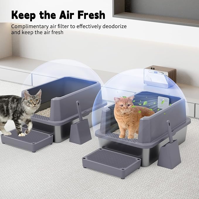 RIZZARI Stainless Steel Litter Box: Leakproof 2-Pack High Walls for Cats | 6.5" Anti-Spill Walls / Dual Filtering Holes / 304 Non-Absorbent Base / Teflon Easy-Clean / Built-In Deodorizer