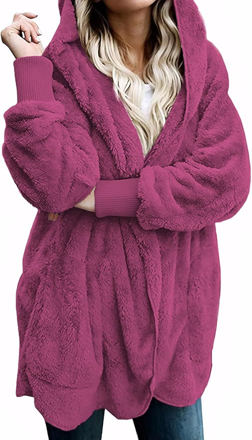 Zilcremo Women Hooded Cardigan Fuzzy Jacket Winter Open Front Fleece Coat Outwear with Pockets