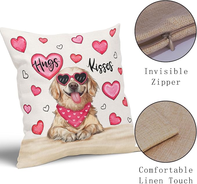 Valentine's Day Dog Pillow Covers 16X16 Inch Set of 2 Golden Retriever Hugs Kisses Pink Heart Decorative Pillow Cases Anniversary Wedding Cushion Case Valentine Party Home Decor for Sofa Couch