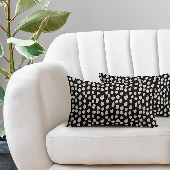 Black Cream Dots Lumbar Pillow Covers 12x20 Set of 2 Boho Design Polka Dot Print Throw Pillows Modern Outdoor Decorative Pillowcase Rectangle Linen Cushion Cases Decor for Sofa Couch Bed