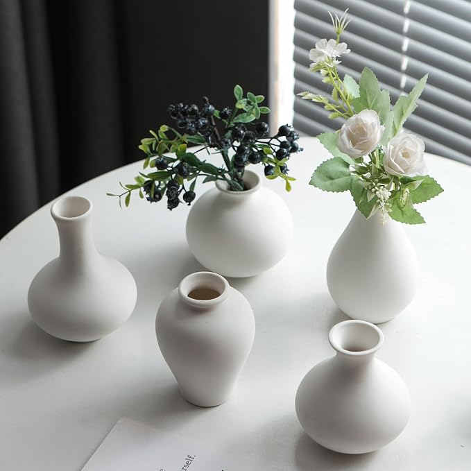 Tanvecle Small White Vases, Ceramic Bud Vase Set of 5, Mini Pottery Vases for Pampas Grass, Flowers, Decorative Vases for Home Modern Decor, Rustic Decor, Veses for Living Room Dining Table Shelves