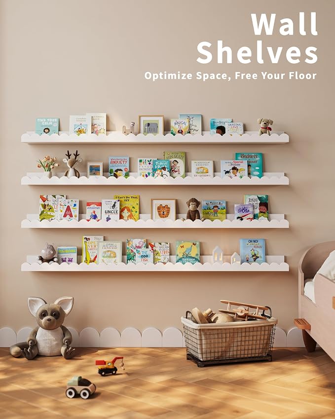 Shario Nursery Book Shelves, 4-Pack White Floating Shelves for Wall Kids, Scalloped Shelves, Wall Book Shelves for Bedroom Kids, Toddler Room, Baby Room, Nursery Decor (White, 47.2 Inches)