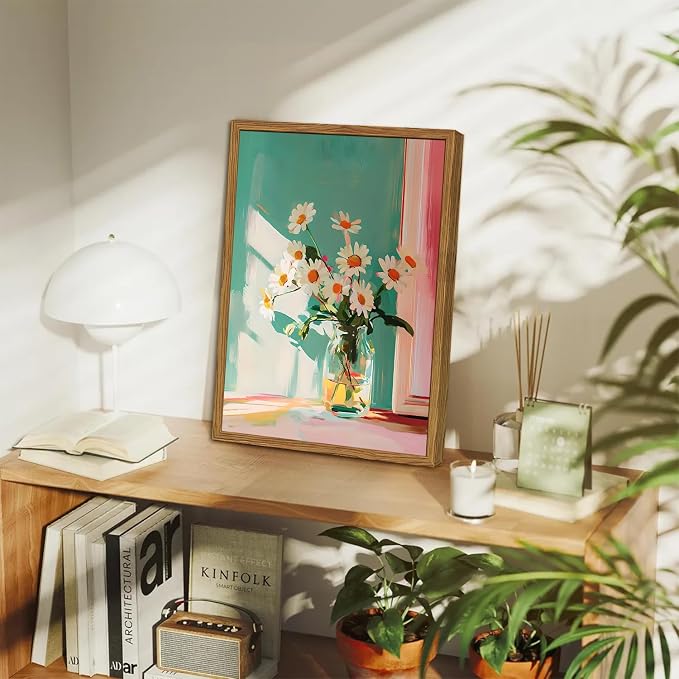 Framed Moody Floral Canvas Wall Art, Vintage Daisy Flower Pictures Wall Decor, Rustic Wildflower Paintings Prints Cottagecore Home Decor for Living Room Bedroom Bathroom 12x16 inch