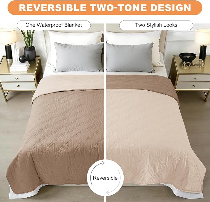 100% Waterproof Washable Dog Blanket，Taupe+Apricot， 68"x82" | ,7-Layer Reversible Couch Covers for Dogs Met for Sofa Furniture Car Camping