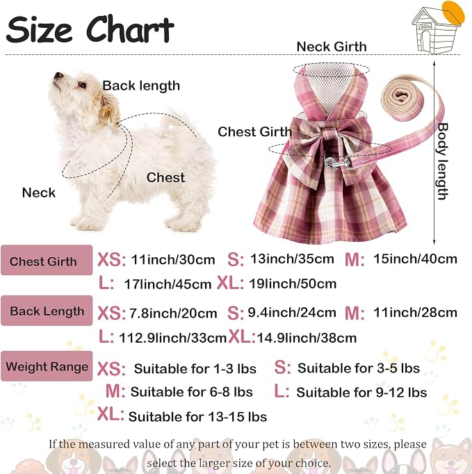 Potchen 4 Pcs Plaid Dog Dresses with Bow Harness and Leashes,L,Dark Color