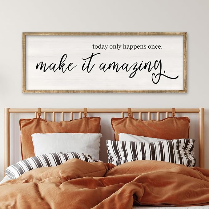RLWangChao Today Only Happens Once Make It Amazing Wall Art 32"X12" Wood | Large Inspirational Quote Sign Rustic Living Room, Vintage Wood Frame, Office Motivational Home Wall Hanging Decor