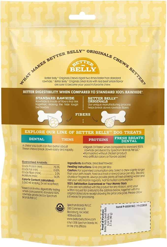 Better Belly Originals Small Roll Highly Digestible Dog Treats, 6 Count | With Real Sirloin Flavor, No-Chicken, Long-Lasting Digestible Chew, No Grain, No Artificial Colors Or Flavors, For Adult Dogs