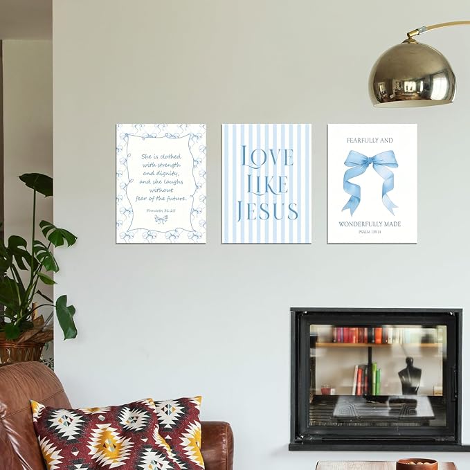 Blue Coquette Room Decor of Bow Pictures Bible Verses Wall Art Decor Set of 3 Preppy Posters Bedroom and Light Bule Bow Dorm Decor Room Decor For Teen Girls 16x24 Inch Framed
