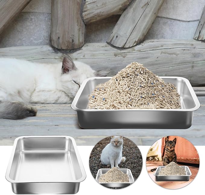 Stainless Steel Cat Litter Tray Open Metal Pan Kitten Toilet with Stable Bottom for Easy pet Housebreaking