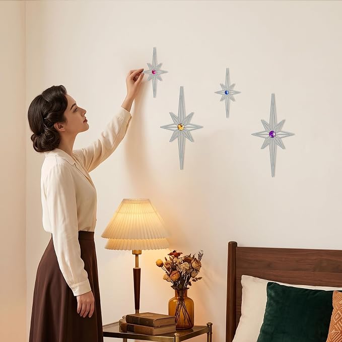 sxnzequnze 4 Pcs Star Wall Art for Home Decor Living Room Bedroom Office Metal 3D,Bling,with Hanging Hook Starburst Midcentury Sculpture Retro Gallery Accent Celestial -Silver 16.5in/9.4in