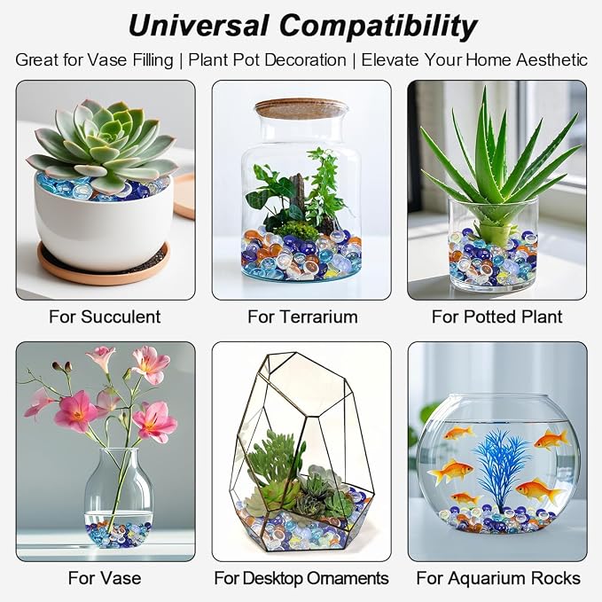 Decorative Glass Pebbles Flat Bottom Beads for Vase, Aquarium & Fish Tank | Mixed Color Glass Stones Vase Filler for Planter, Crafts, Home Art Decor (Mixed, 2 Pounds)