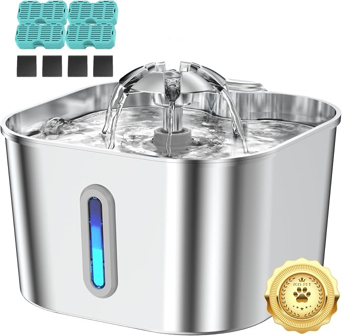 Stainless Steel Cat Water Fountain - 74oz/2.2L Cat Drinking Fountain | Quiet Cat Fountain for Indoor Cats and Small Dogs, Automatic Pet Water Dispenser Keeps Fresh Water, 4 Filters & 4 Sponges
