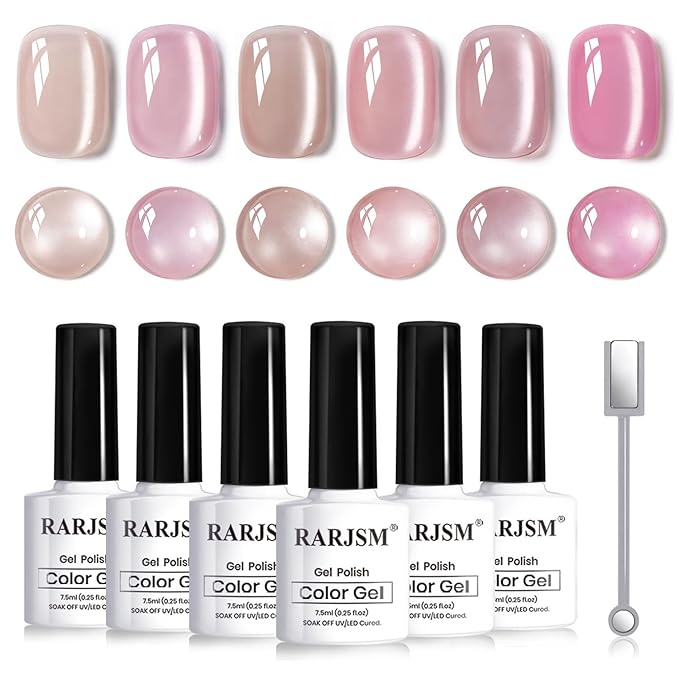 RARJSM Nude Pink Ceramics Glitter Cat Eye Gel Nail Polish Set 6Pcs Velvet Rose Champagne Beige Plum Nuded Blush Mauve Pink Smoothie Cateye Gel Polish with Magnetic Stick Curing Require Home Salon