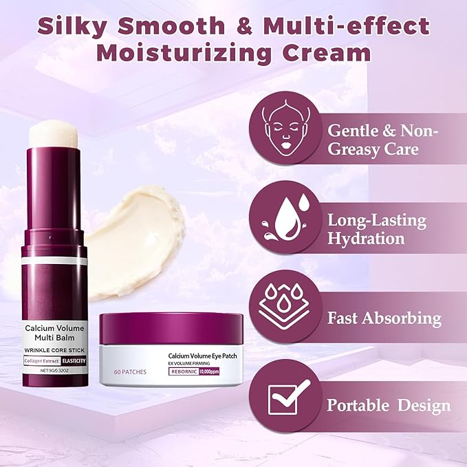 Calcium Volume Multi Balm Stick,Eye Moisturizing Set -Calcium Multi Balm Wrinkle Core +Moisturizing Eye Patches 60ea,Hydrating & Smoothing,Gentle on Skin,Portable Design