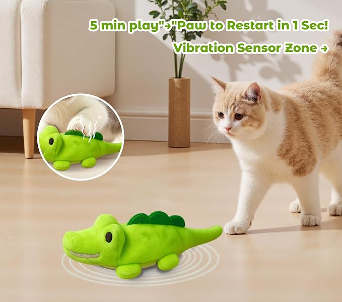 Interactive Cat Toys for Indoor Cats – Auto Moving Alligator with 360° Random Movement & Tail Wagging, Rechargeable Cat Exercise Toy with Catnip, Self-Play Fun for Bored Adult Cats-Green