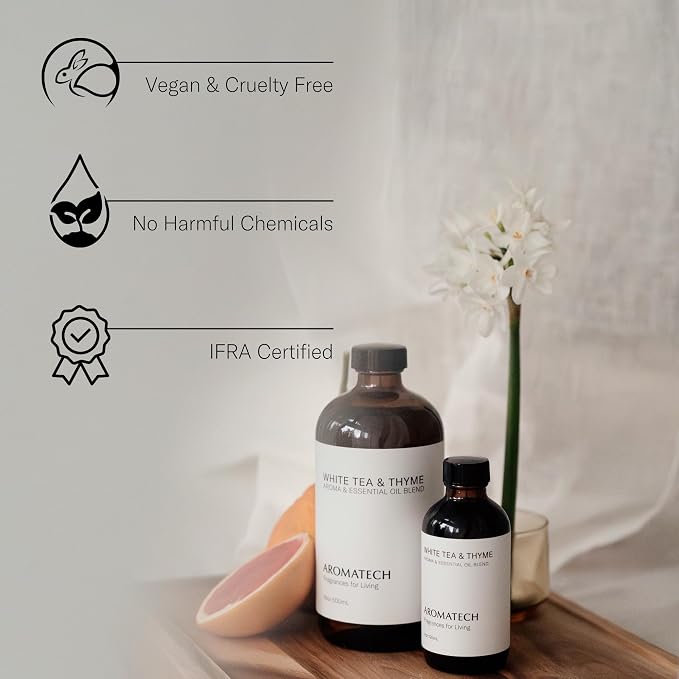 AromaTech White Tea & Thyme Premium Aroma Oil – Crisp & Delicate Home Fragrance with Notes of Tea Leaf, Fresh Thyme & Amber for Scent Diffusers, Cold-Air and UltraSonic Scent Machines – 60 mL