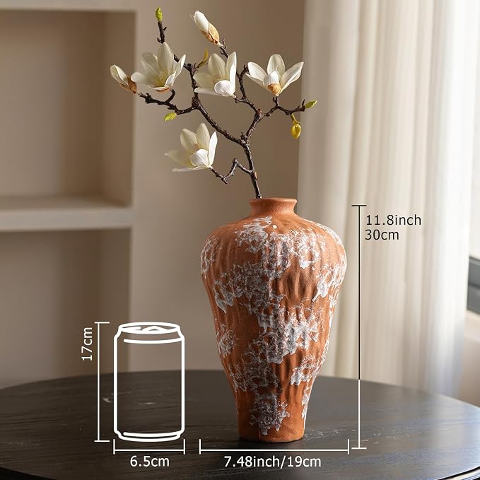 Rustic Farmhouse Terracotta Vase 11.8 inch, Handcrafted Unglazed Rough Clay Decorations with Distinct Natural Texture, Vintage Vase for Living Room Kitchen Bedroom Shelf Dining Mantel Decorations