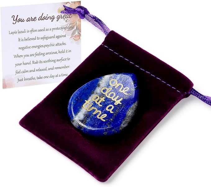 One Day at A Time Lapis Lazuli Thumb Worry Stone for Anxiety Crystals Hand Thumb Stones Pocket Thinking of You Gifts for women Inspirational Worry Stones for Stress Relief Sobriety Gifts for Her